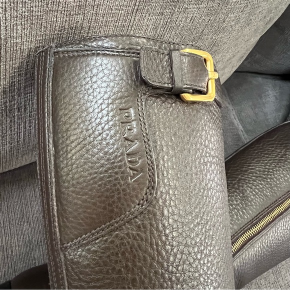 PRADA Vitello Daino Moro Brown Pebbled Leather Riding Boots Zipper Closure - Picture 15 of 16